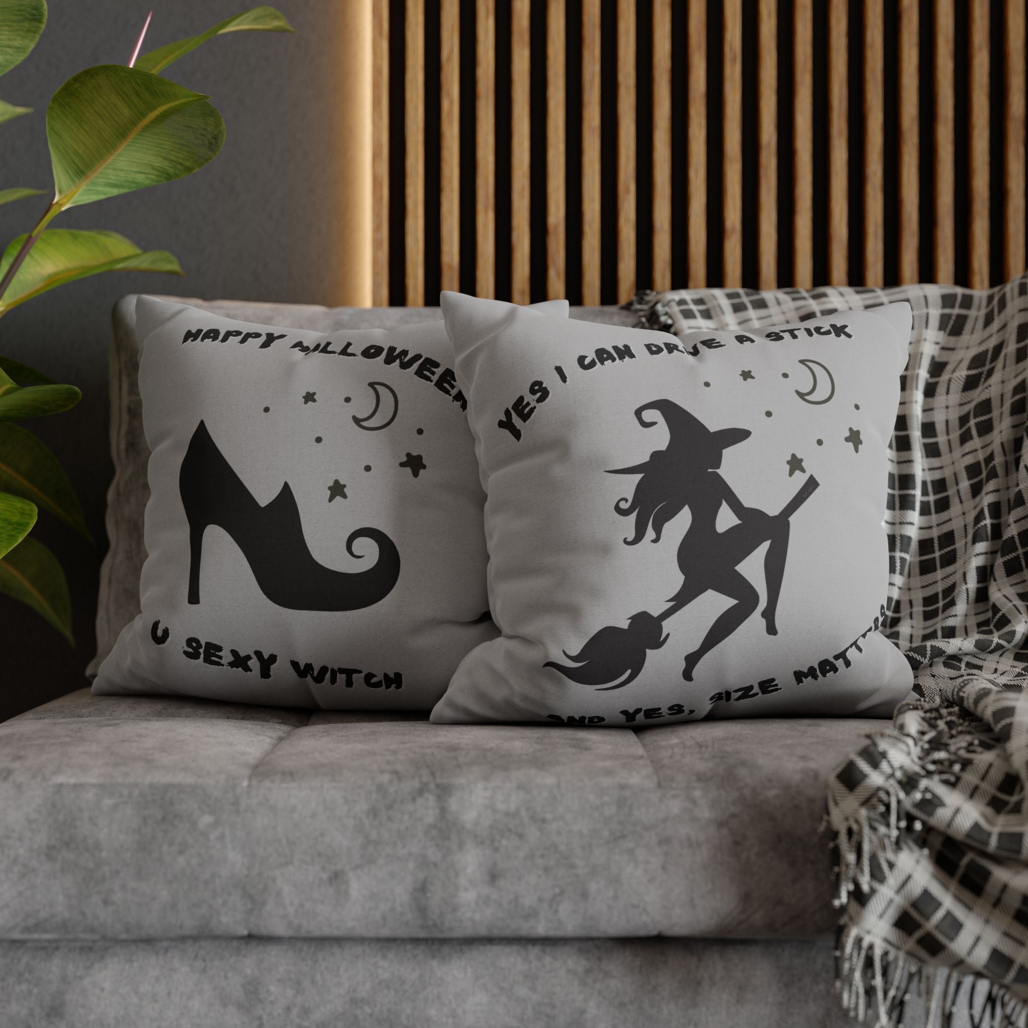 "Yes I drive stick" + "High Heel Witch" - Reversible Halloween Pillow cover, 3 sizes