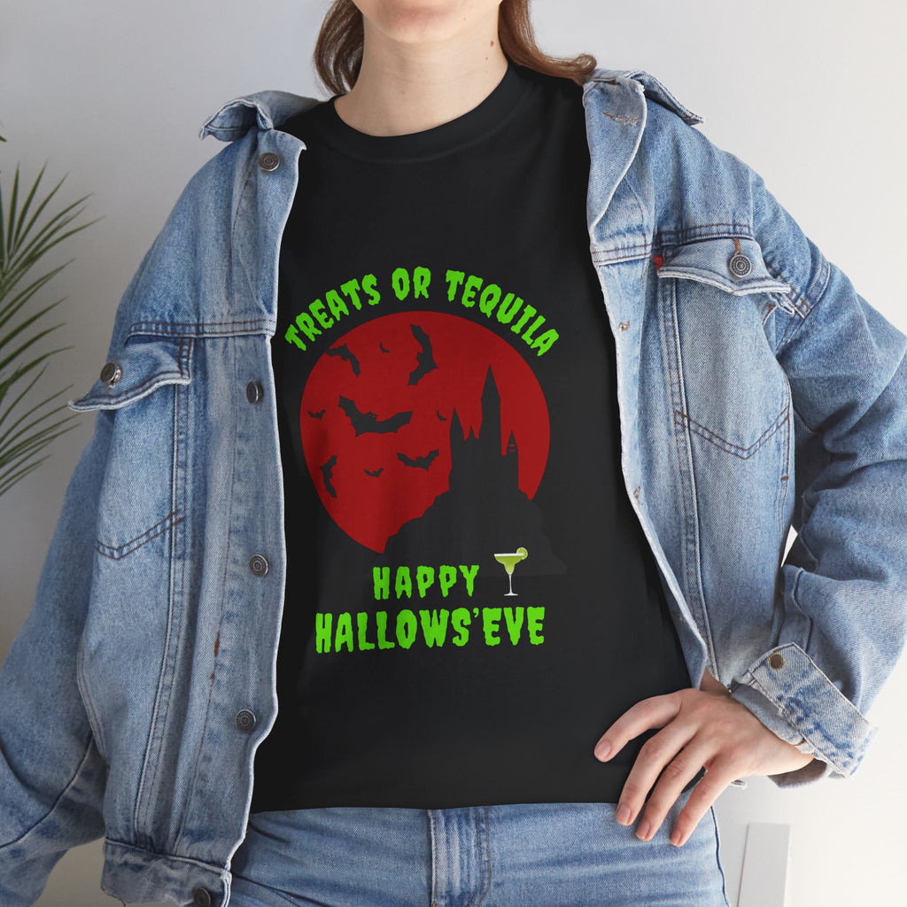 "Treats or Tequila" Halloween Unisex T'shirt,  Fun Drinks Halloween Party Wear