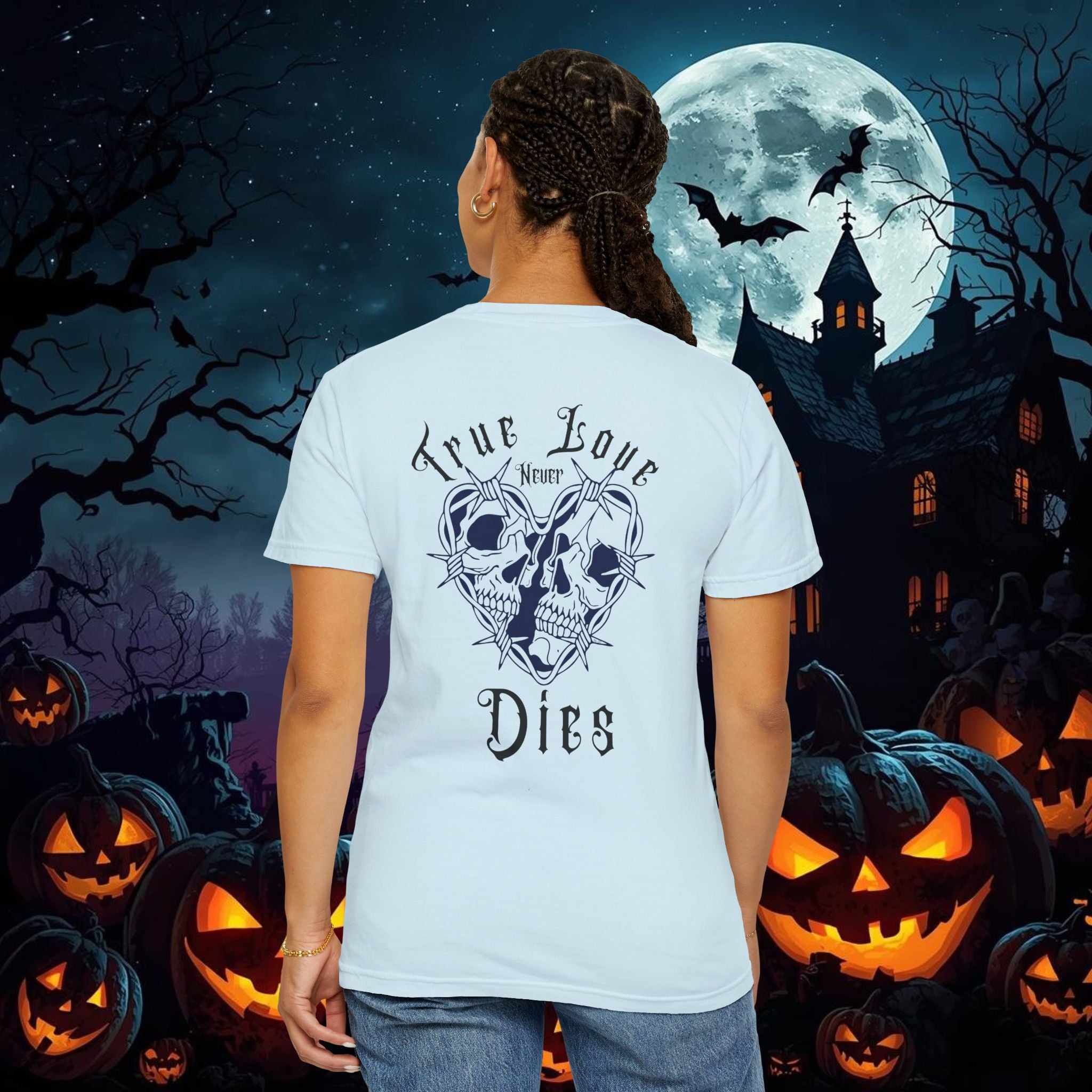 " True Love Never Dies" Halloween Personalized Skull Graphic Tee, Fun Gift for Him or Her