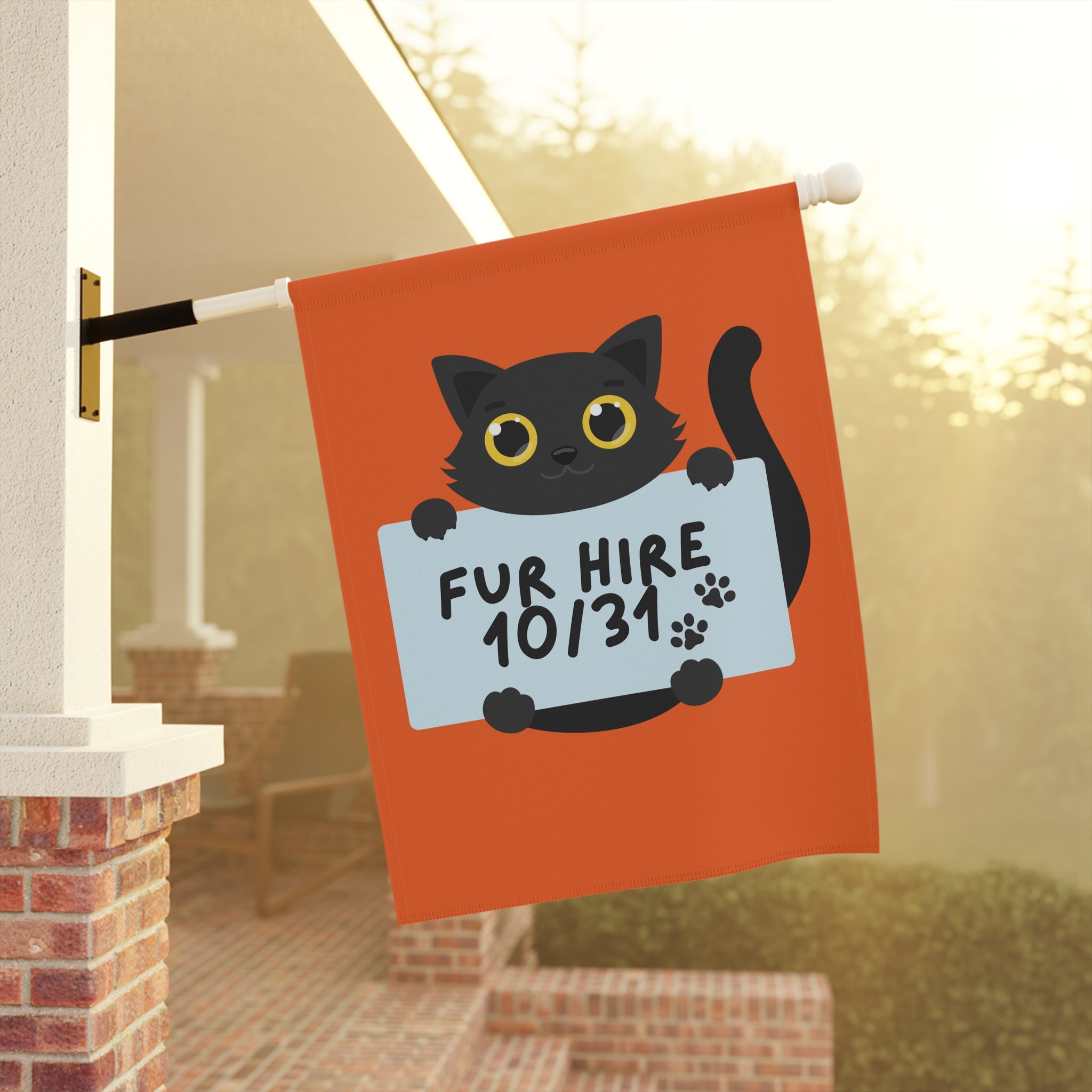 "Fur Hire" Halloween Cat Garden Flag, Personalize 2 sizes, outdoor/ indoor use