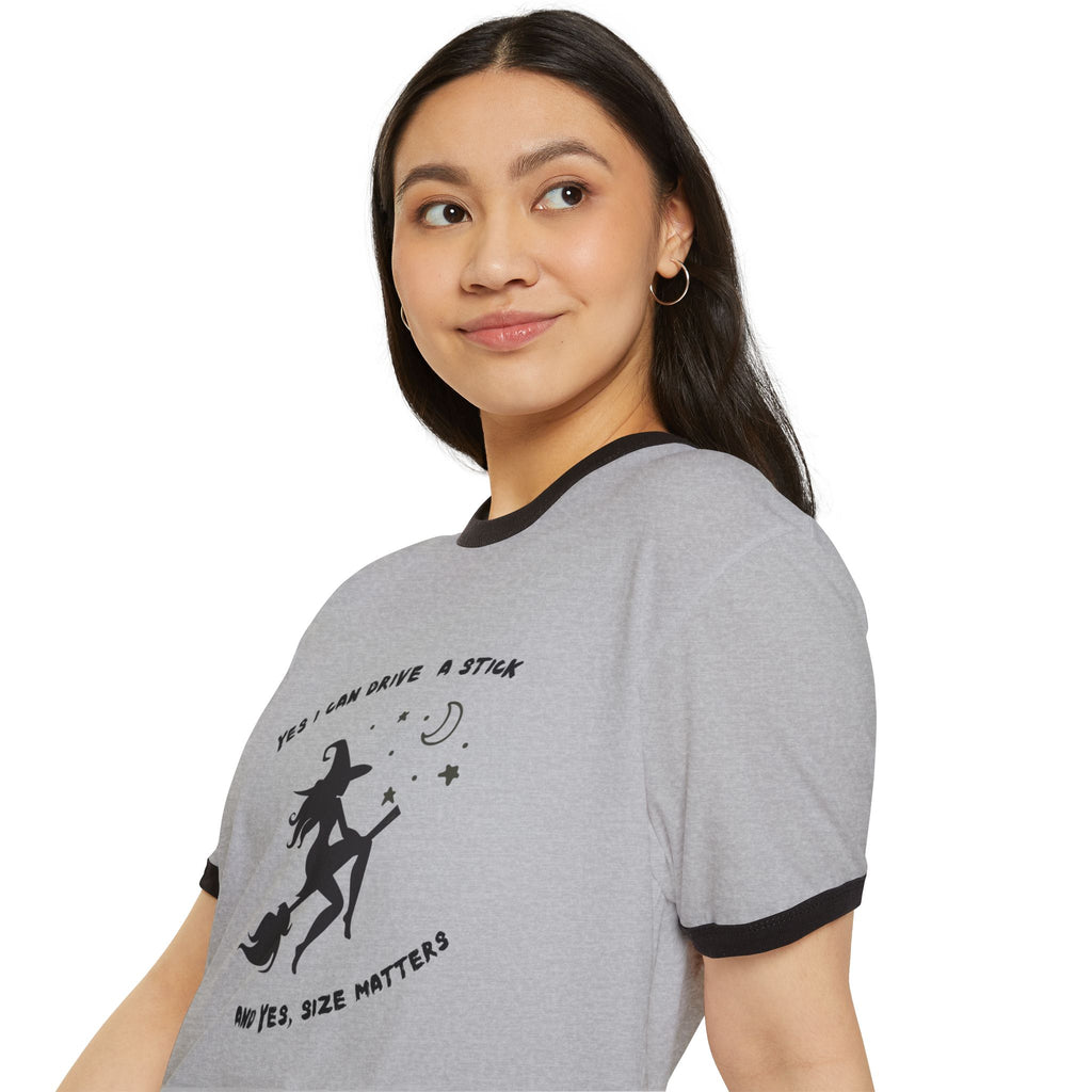 "Yes, I Drive Stick" Whimsical Witchcraft Ringer T-Shirt | Fun Halloween Tee, Unisex