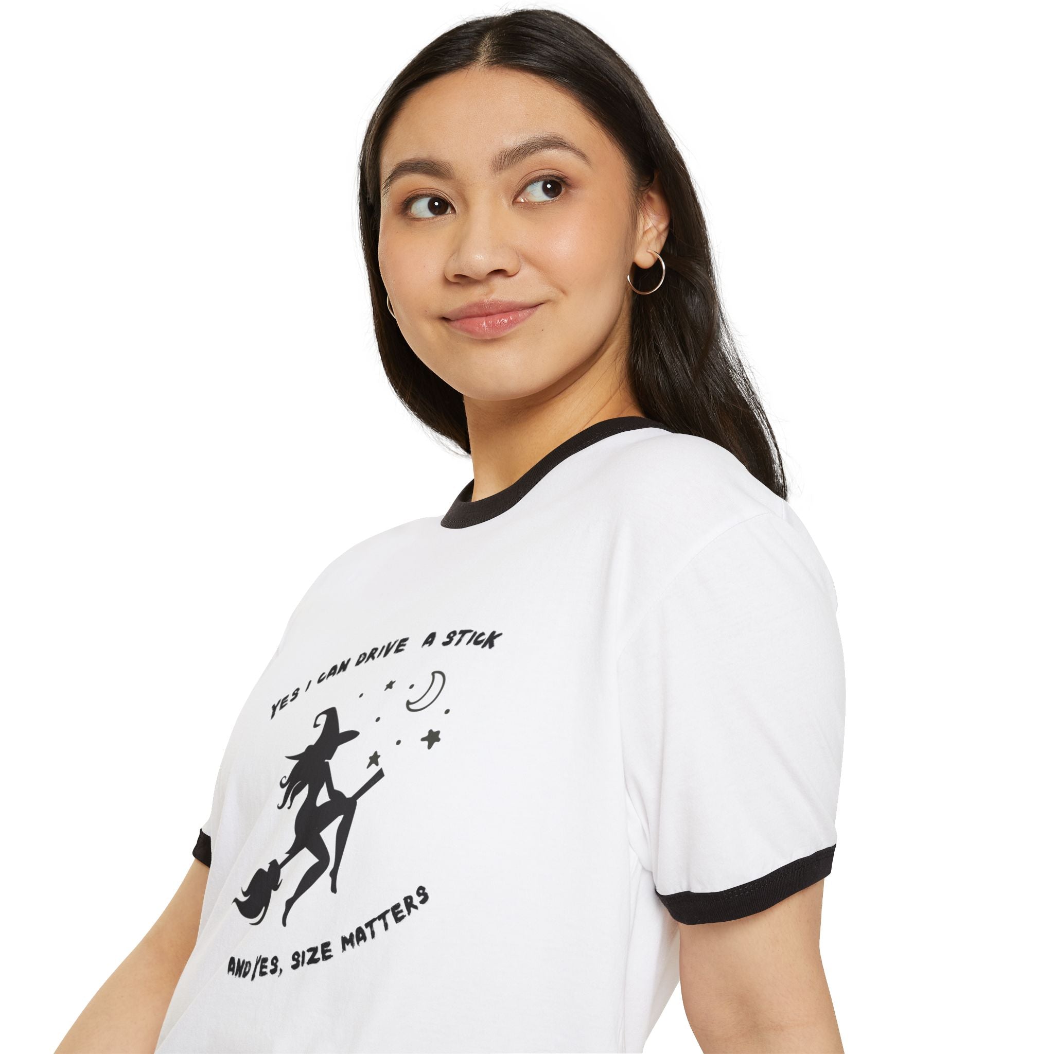"Yes, I Drive Stick" Whimsical Witchcraft Ringer T-Shirt | Fun Halloween Tee, Unisex
