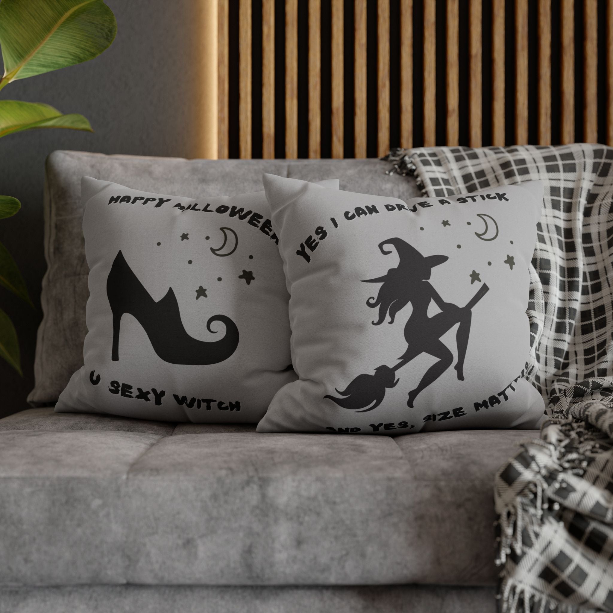 "Yes I drive stick" + "High Heel Witch" - Reversible Halloween Pillow cover, 3 sizes