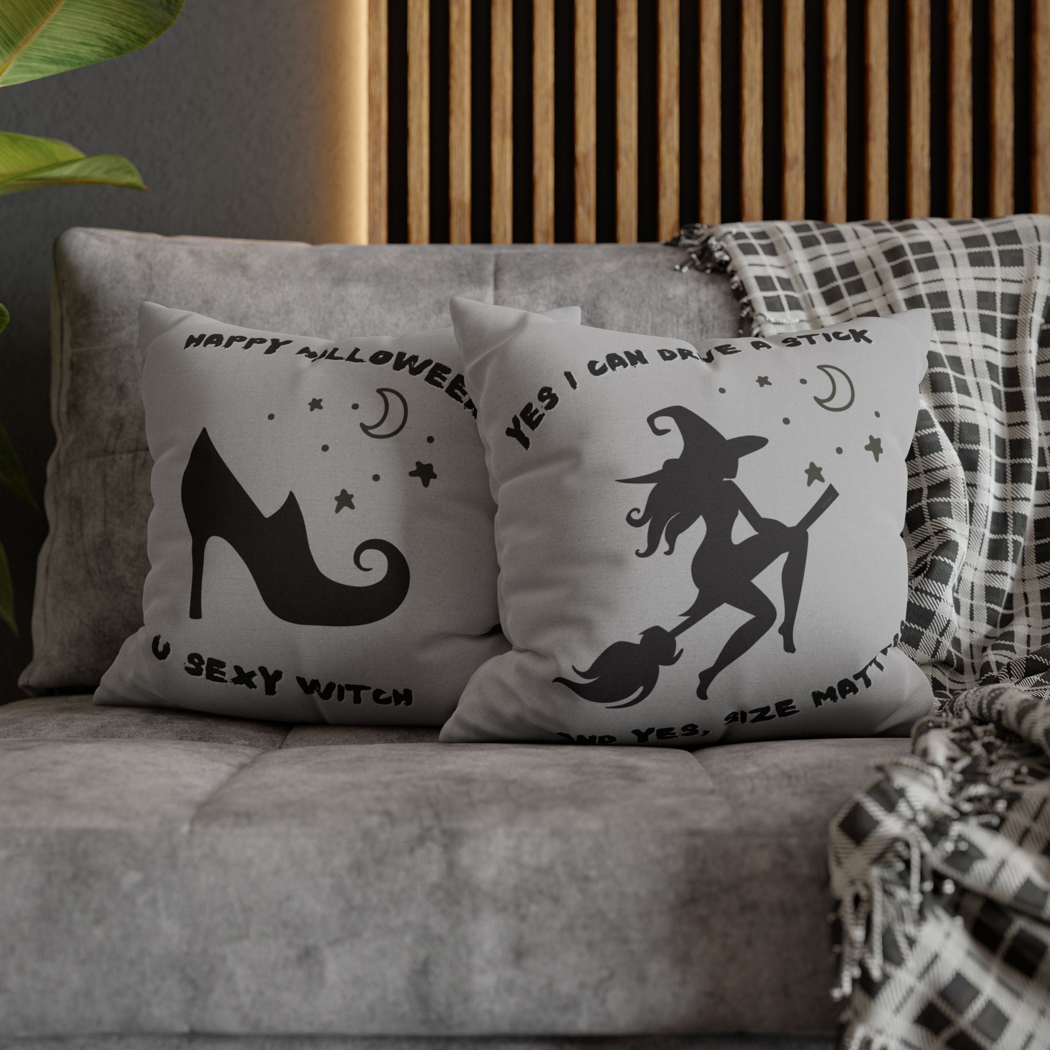 "Yes I drive stick" + "High Heel Witch" - Reversible Halloween Pillow cover, 3 sizes
