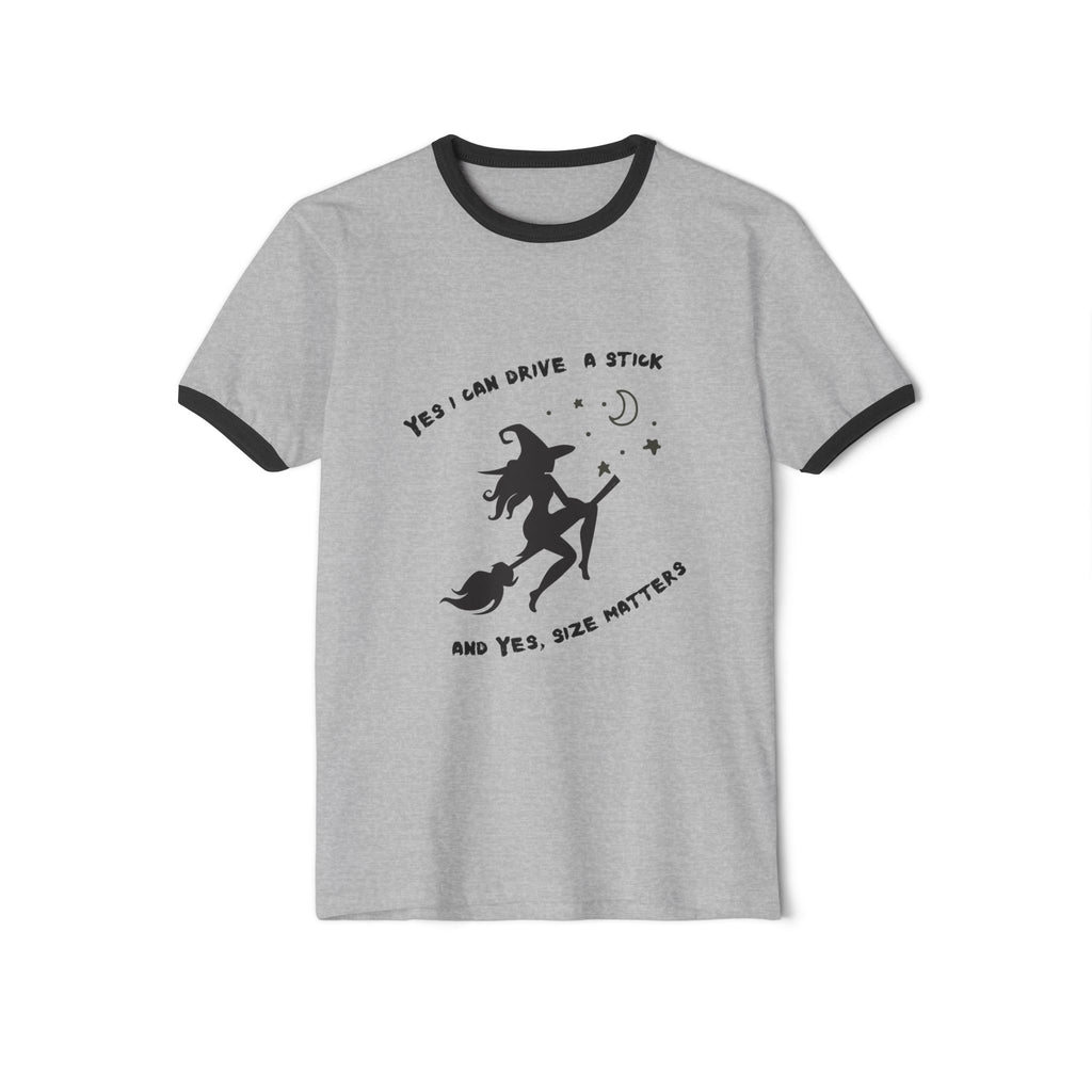 "Yes, I Drive Stick" Whimsical Witchcraft Ringer T-Shirt | Fun Halloween Tee, Unisex